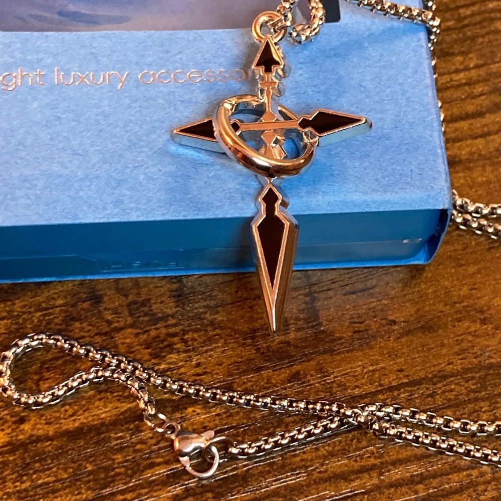 Gothic Cross Dagger Industrial Pendant Necklace Silver Tone Enamel 24 Inch